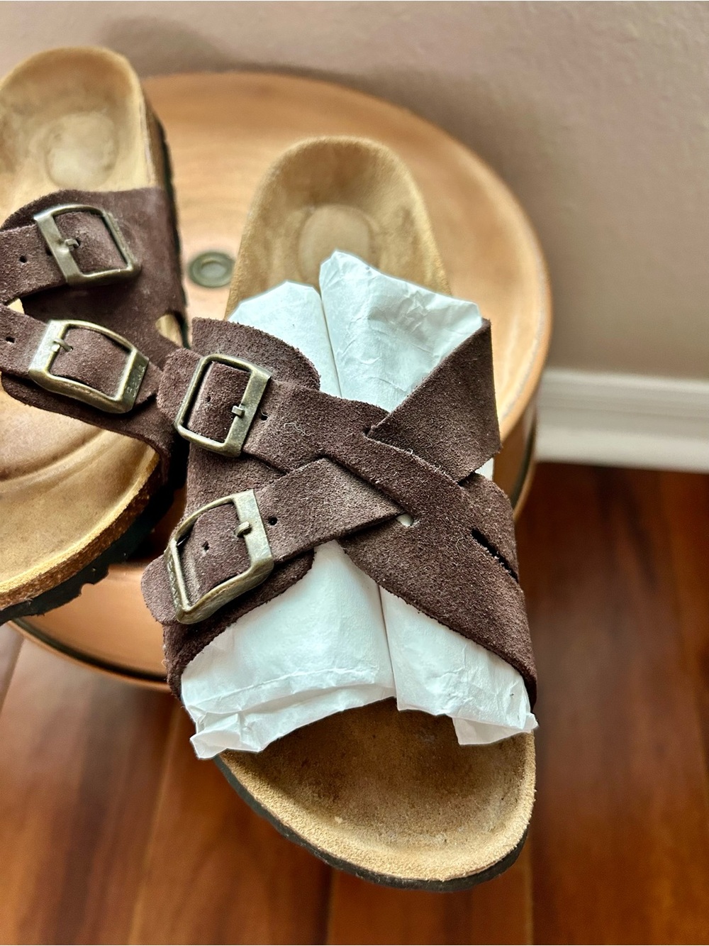 Women’s Brown Suede Crossover Buckle Sandals